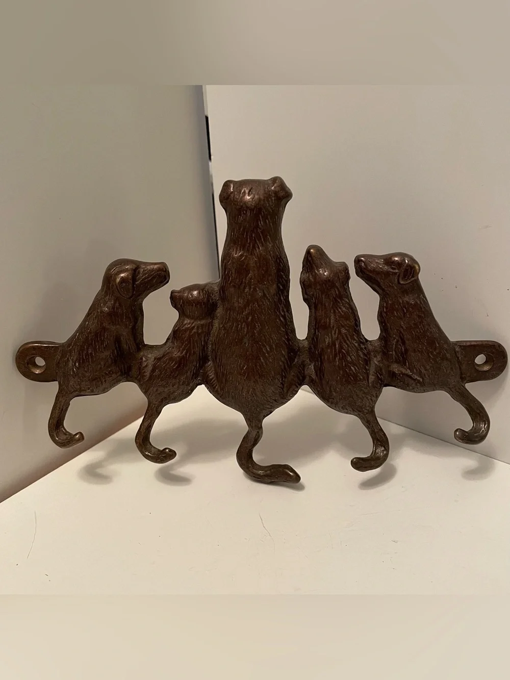 SPI Vintage 90s Dogs Key Hook Rack Brass Brown Puppy Tails Wall Mounted